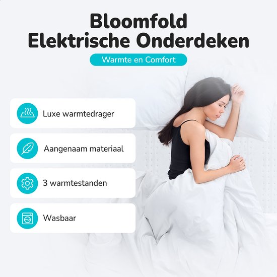 Couverture électrique Bloomfold - 150 x 80 cm - Lavable en machine - 1 personne - 3 niveaux - Couverture chauffante - Blanc/polyester