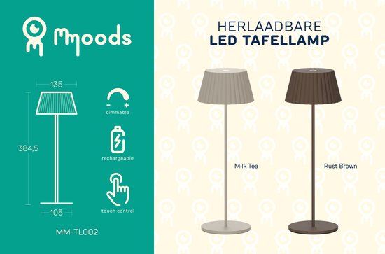 Mmoods Lampe de table LED sans fil - Beige - Rechargeable avec USB-C - Contrôle tactile - Lumière blanche chaude - Convient pour l'intérieur et l'extérieur - IP44 Waterproof