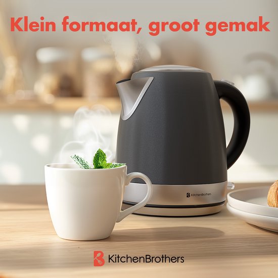 KitchenBrothers Bouilloire - Électrique - 1 litre - Petite taille de camping - Bouilloire de voyage avec filtre à calcaire - Gris titane/RVS