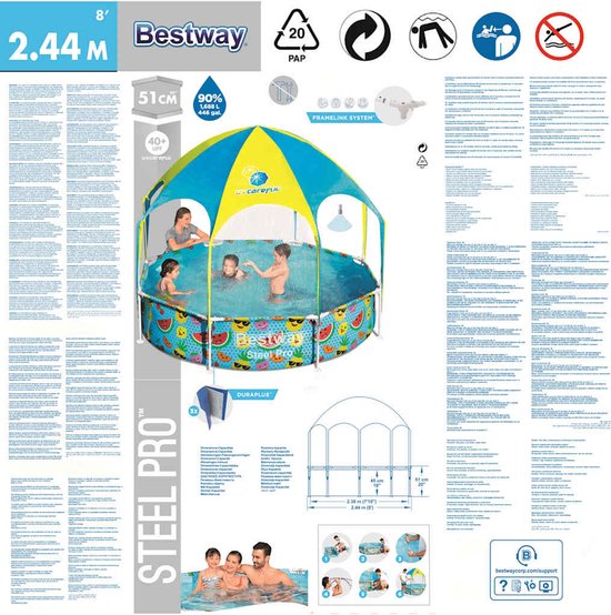 Bestway Steel Pro Kids' Pool - Parasol UV et pulvérisateur d'eau rafraîchissante - 244x51 cm