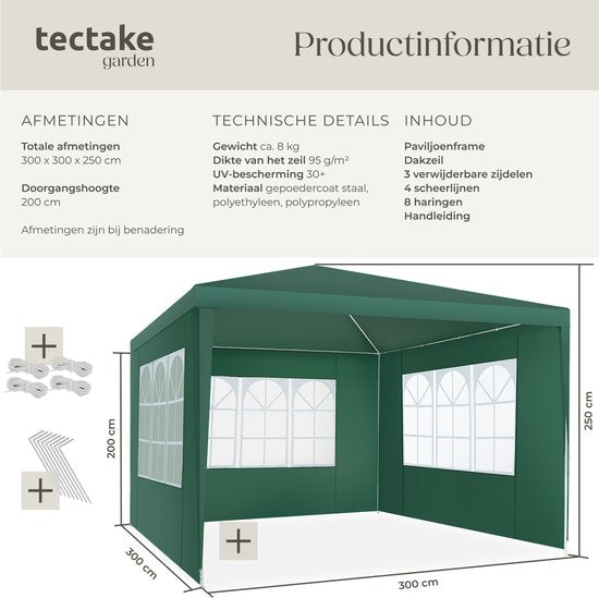 tectake® Pavillon - avec armature renforcée - Tente de réception 3x3 m - Bâche imperméable - Panneaux latéraux amovibles - Pavillon de jardin résistant aux intempéries - Lignes de tension et piquets inclus - Vert - Tente pliante pop-up