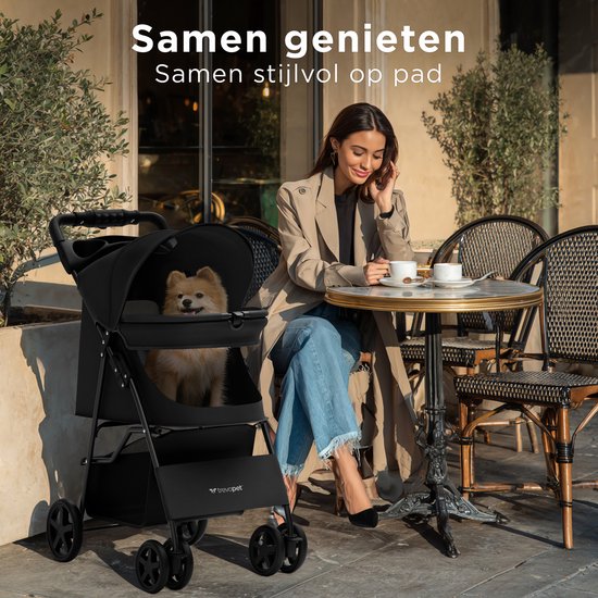 TrevoPet® Poussette pliable pour chien - Pour les petits et moyens chiens jusqu'à 15 kg - Poussette avec porte-gobelet et grand panier de rangement - Noir