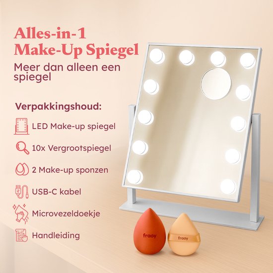 Fraay® Hollywood Mirror with Lighting 41x30cm - 3 Light Stages - Make-up Mirror with 10x Magnification Mirror - LED Lighting Dimmable - Incl. Beauty Blenders and Powder puff