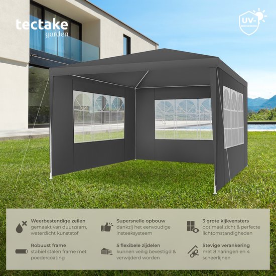 tectake® Pavillon Barinas - Tente de réception 3x3 m - Bâche imperméable avec 3 panneaux latéraux amovibles - Pavillon de jardin résistant aux intempéries - Lignes de tension et piquets inclus - Gris