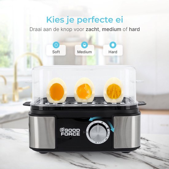 GoodForce Poule à oeufs automatique - avec minuterie - avec alarme - 6 oeufs - électrique - avec gobelet de mesure - avec pique-oeufs - acier inoxydable - lavable au lave-vaisselle