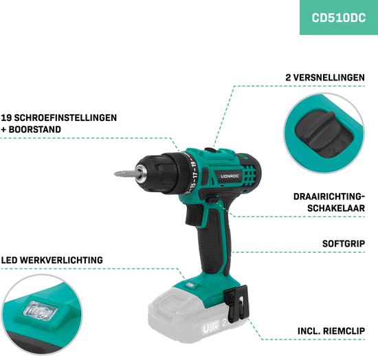 VONROC Perceuse sans fil 20V - 19 positions de vissage + position de perçage - 2 embouts inclus - Batterie et chargeur rapide inclus