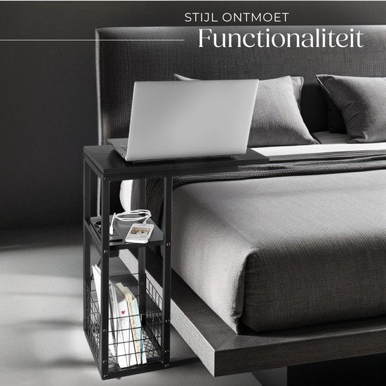 tectake® Table pour ordinateur portable avec station de charge - Prise de courant incluse - Table pour ordinateur en forme de C - Table d'appoint - Table de chevet - Avec porte-journaux et étagère supplémentaire - Noir
