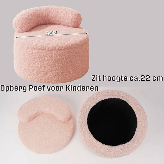 Ceruzo Pouf enfant - Chaise de rangement rose - Boucle Teddy - Dossier souple - Ø 35 -H28 cm