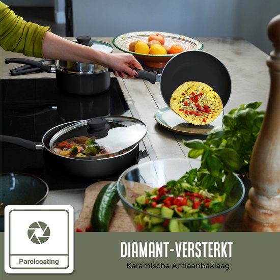 COOCK Batterie de cuisine à induction 19 pièces - Revêtement spécial antiadhésif - Poignées ergonomiques à froid - Aluminium recyclé - Ensemble de poêles à frire - Ensemble de casseroles - Noir - Sous-verres et livre électronique inclus