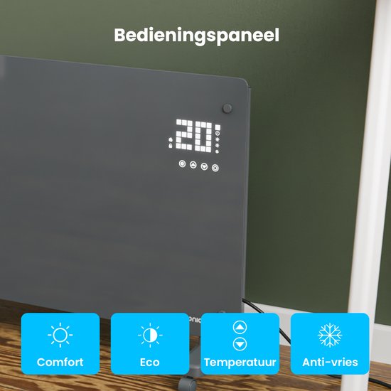 Auronic Electric Heater - Convector Heater with Thermostat and Remote Control - Glass Panel Heater - 2000W Heater - Grey