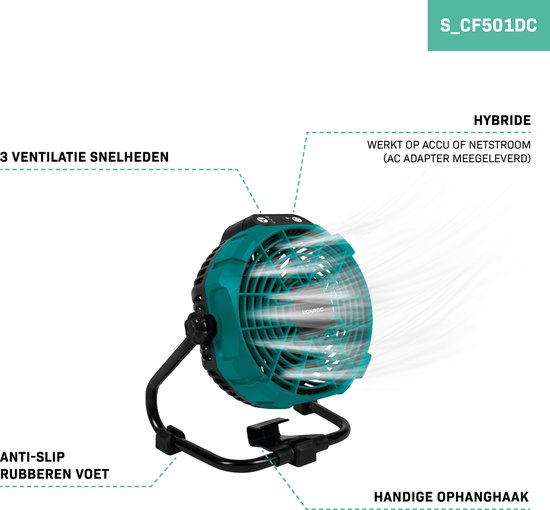 Ventilateur VONROC 20V - pour utilisation avec ou sans fil - Adaptateur secteur inclus - Batterie 20V - 2.0Ah et chargeur rapide inclus
