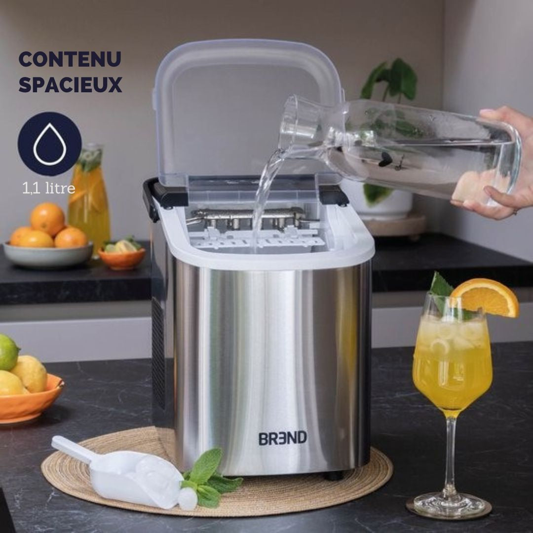 Machine à glaçons BREND - avec cuillère et plateau d'égouttage - Grands L ou petits S glaçons - 10 kg en 24 heures - Argenté