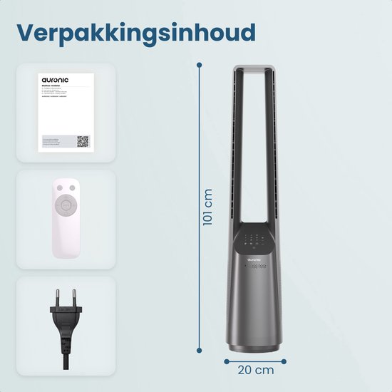 Ventilateur de tour Auronic - Modèle sans pales - Refroidisseur d'air - Ventilateur de sol - Ventilateur silencieux sur pied - 101 CM - 6 vitesses - Ventilateur - Avec minuterie - 39 dB - Gris clair