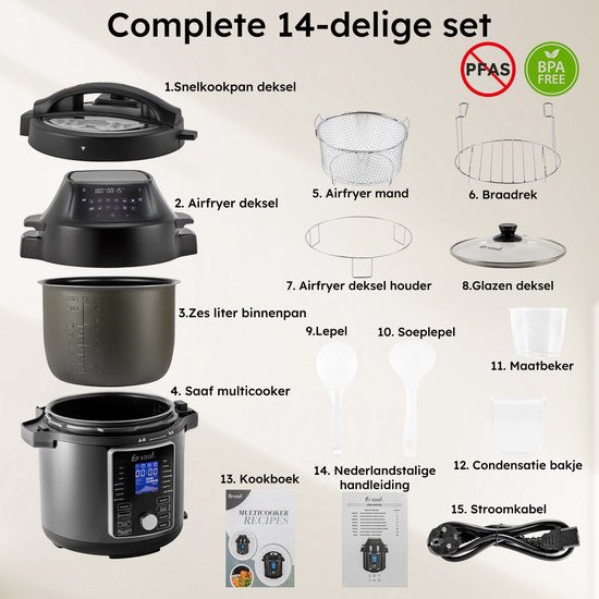 Multicuiseur avec Airfryer - 15 pièces - 6L - 24 programmes automatiques - Mijoteuse, cuiseur de riz, cuiseur vapeur, autocuiseur - Gris - de Saaf