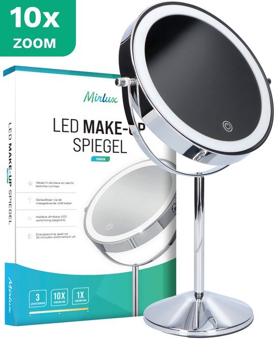 Mirlux Miroir de maquillage avec éclairage LED - lumière grossissante 10x - miroir de rasage petit sur pied - 3 niveaux d'éclairage - rechargeable - miroir grossissant chromé