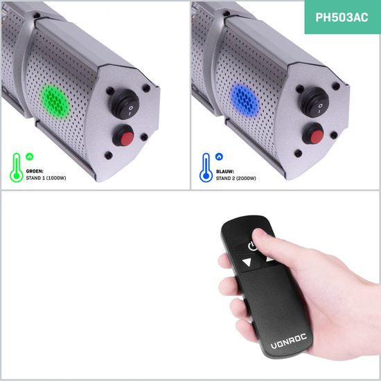 VONROC Chauffage d'ambiance de terrasse - Marsili 2000W - Haute efficacité - Argent - Ampoule à faible éblouissement - 2 niveaux de chaleur - Avec télécommande