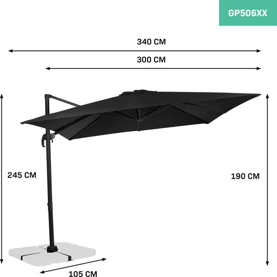 VONROC Premium Parasol flottant Pisogne 300x300cm - Base transversale et housse de protection incluses - Parasol carré - Rotation 360° - Inclinaison - Toile résistante aux UV - Noir