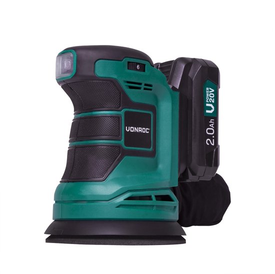 VONROC Ponceuse orbitale aléatoire - VPower 20V - Batterie 2.0Ah et chargeur inclus - Ø125mm - Avec sac à poussière et 12 morceaux de papier de verre
