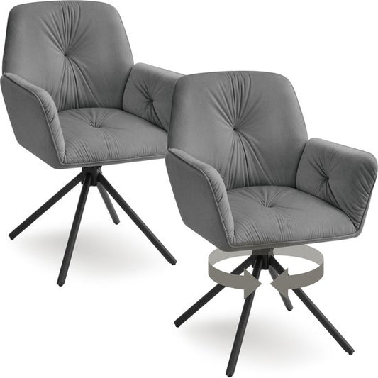 tectake® Chaise pivotante Lenia - Lot de 2 chaises pivotantes avec accoudoir - Chaise de salle à manger pivotante - Fauteuils pivotants - Tapissés - aspect velours Anthracite/Noir