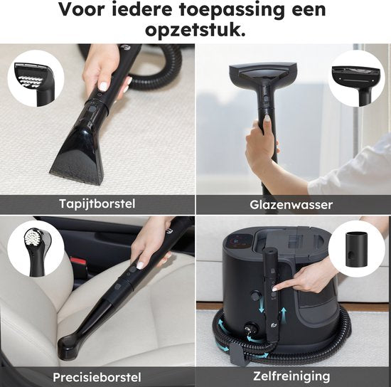 Nettoyeur de taches - Set de 7 pièces - Nettoyeur de tapis avec fonction vapeur - Inc. Détachant - Nettoyeur à vapeur - jusqu'à 100°C - Noir - par Saaf