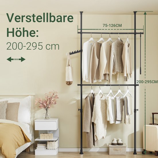 SoBuy Portemanteau télescopique - Système de rangement réglable - Système de penderie - L(75-126) × H(200-295) cm, Noir, FRG109-II-SCH