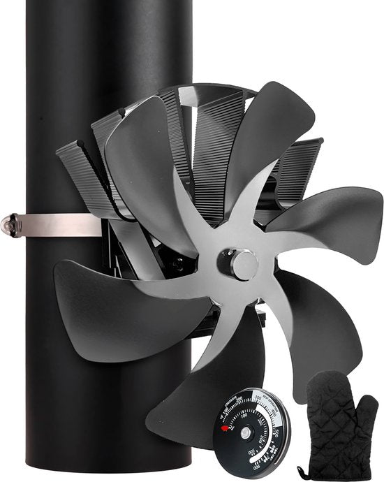 Vulpes Goods® Tech - Ventilateur de poêle à bois - Ventilateur de cheminée - Ecofan - Ventilateur de chaleur - 6 pales - Thermomètre et gant inclus - version PRO