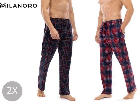 Milanoro - Lot de 2 bas de pyjama en coton pour homme - Anthracite/Noir et blanc à carreaux - XL