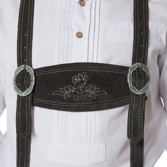 dressforfun - Authentique Lederhosen courte Jannis - Avec ceinture et bretelles - Cuir véritable - Noir - 50 - Oktoberfest Dress Man - Costume d'homme - Dress Up - Costume allemand - Robe de carnaval - Gilet de costume - Pantalon traditionnel en cuir