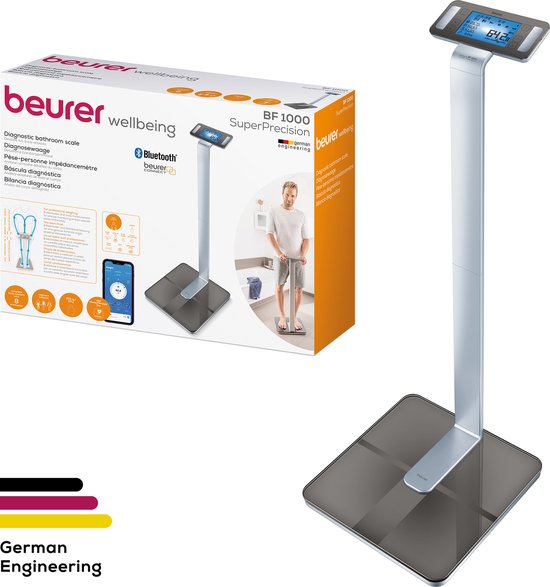 Beurer BF 1000 Super Precision Personal Scale - Analyse complète du corps - Pèse-personne à colonne - Écran XXL éclairé - Jusqu'à 200 kg - Mesure transversale - 8 électrodes - Bluetooth® - Beurer HealthManager Pro app - Piles incluses - Garantie de 5 ans