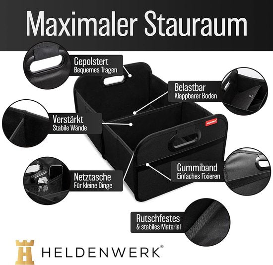 HELDENWERK Sac de coffre de voiture, pliable, renforcé et stable, organisateur de coffre, sac à provisions pour un rangement pratique, boîte pliante de voiture antidérapante, boîte de coffre (noir)