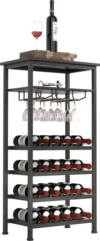 Porte-bouteilles design industriel armoire à vin noire - porte-bouteilles pour 20 bouteilles avec porte-verres - 50 x 32 x 100 cm