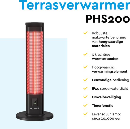 BRASQ Chauffe-terrasse électrique sur pied - 2000 watts - 3 niveaux de chaleur - avec télécommande et minuterie - Chauffage infrarouge - résistant aux éclaboussures - chauffage pour l'intérieur et l'extérieur - Noir