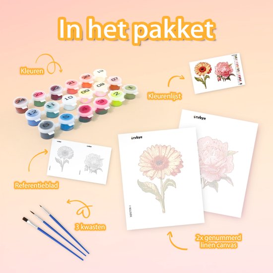 Rubye® Painting On Number Adults - Rose & Sunflower - Comprend la peinture et les pinceaux - Canvas Painting canvas - Colours at Number - Double Set - 15x20cm