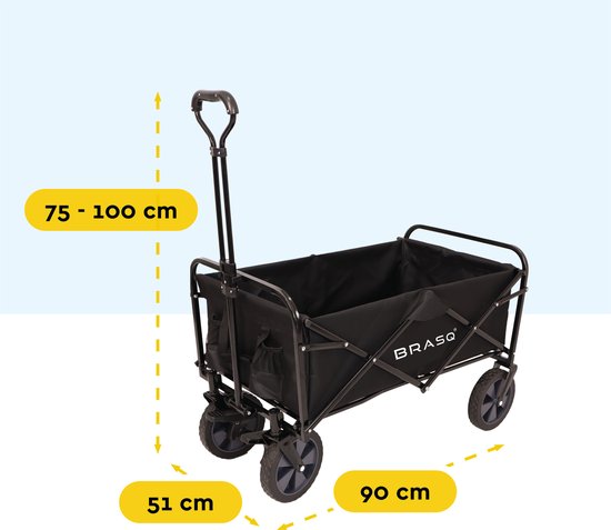 BRASQ Wagon pliable - 100 litres - Capacité 90 KG - Roues pivotantes avec frein - 90x51x100 CM - Poignée réglable - Noir