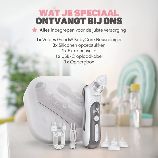 Vulpes Goods® BabyCare - Nettoyeur de nez pour bébé - Nettoyeur de nez électrique - Douche nasale électrique - Nettoyeur de nez - Lingette nasale - Aspirateur de nez - Grande batterie - USB C - PRO