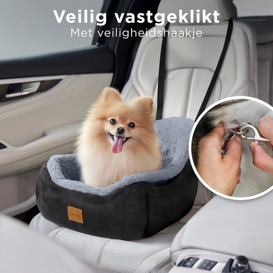 Siège auto pour chien CozySense® - Panier auto pour chien avec sangle de sécurité et compartiment de rangement - Pour petit chien - Siège avant ou arrière - Noir/Gris