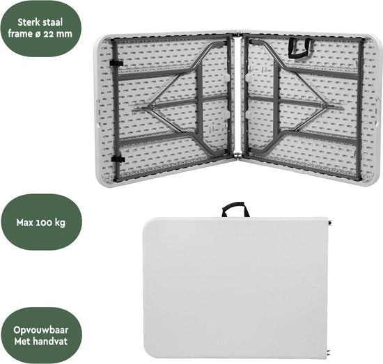 BRASQ Table pliante pliable blanche - 180x70x74cm- Table de camping - Table pliante - Résistante aux intempéries - Table avec poignée de transport