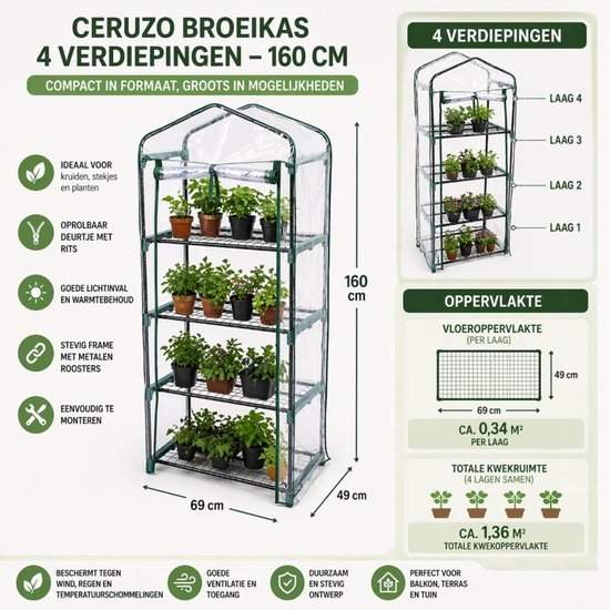 Ceruzo Serre 4 étages - 160 cm - Serre en polyéthylène - Serre de balcon