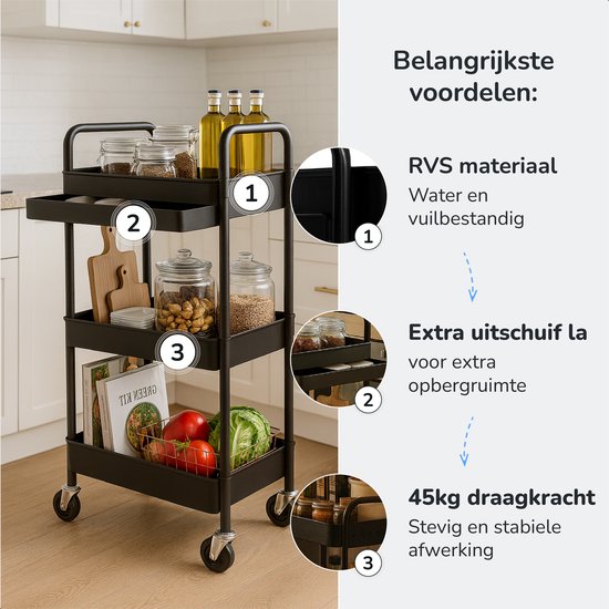 Chariot de cuisine avec tiroir sur roulettes - 3 étages - Étagère de cuisine - Chariot de service - Armoire - Chariot - Rangement - Armoires de douche sur pied - Étagère - Noir - Luft