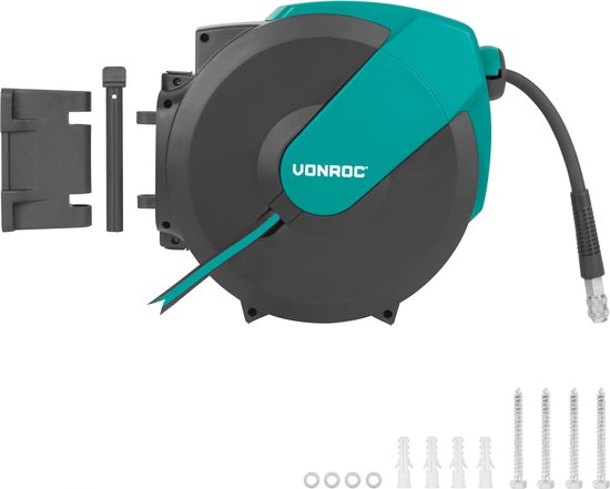 VONROC PRO Enrouleur automatique de tuyau d'air - Enrouleur d'air - Avec tuyau d'air de 15 mètres, tuyau d'alimentation de 1 mètre et kit de montage mural - 17 bar/250 PSI - Raccord universel EURO/DIN 7,2mm