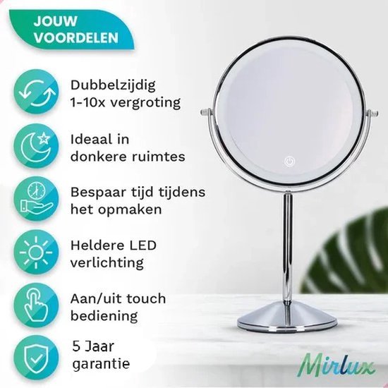 Mirlux Miroir de maquillage avec éclairage LED - lumière grossissante 10x - miroir de rasage petit sur pied - 3 niveaux d'éclairage - rechargeable - miroir grossissant chromé
