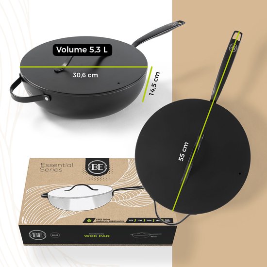 BE Living Essential Poêle wok avec couvercle - Ø 30 cm - Céramique - Sans PFAS - Induction - Noir