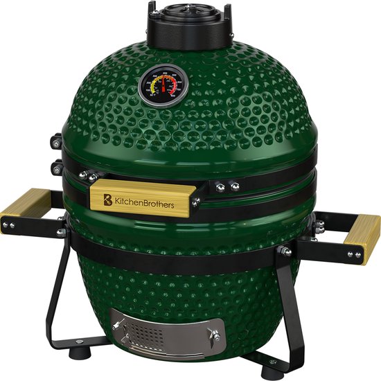 KitchenBrothers Kamado BBQ - 13 Inch Charcoal Barbecue - 27⌀ cm - sans PFAS - Deluxe Set - Egg BBQ with Accessories including Cover - Vert