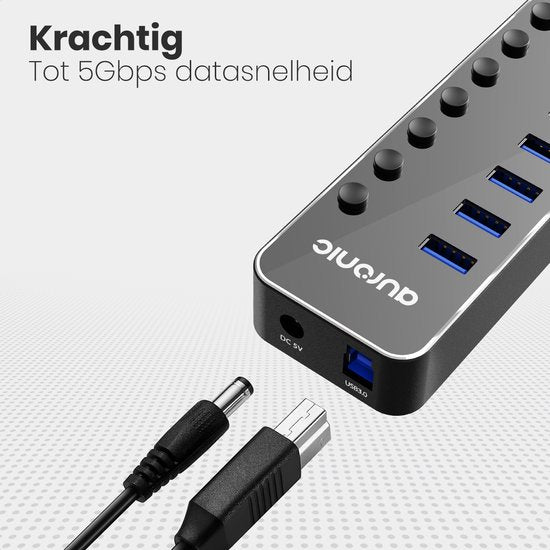 Auronic USB Hub 3.0 - Répartiteur USB avec 7 ports - avec alimentation - 5 GBP - Indication Led - Noir