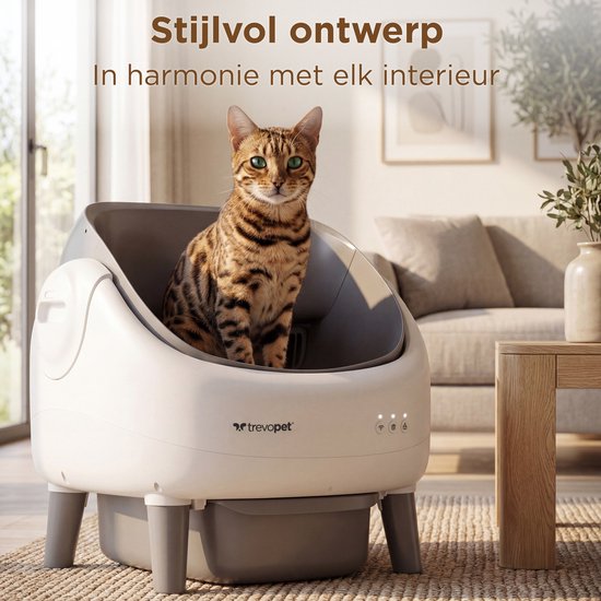TrevoPet® Air - Bac à litière automatique avec application - autonettoyant et sûr - pour chats jusqu'à 12 kg - tapis, 60 sacs à déchets et accessoires inclus - poubelle de 10 litres - blanc et gris