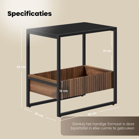 O'DADDY® Side Table - Table carrée - Avec tiroir réglable - Table d'appoint - Table basse - Table de chevet - 55x35x55 cm - Métal noir/bois brun