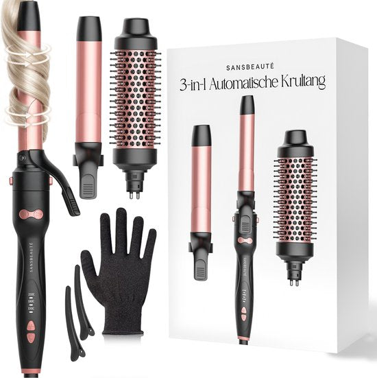Sansbeauté® 3 en 1 Fer à boucler automatique avec pince - Fer à boucler en céramique - 25mm à 38mm - Beach Waves - Wavy Hair - Curlers 33 38 mm 25 mm - Blowout Brush - Hair Styler - Hair Curler - Crimper fin et épais - Fer à boucler cheveux courts