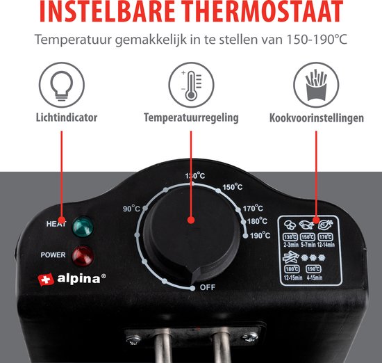 alpina Fryer - Poêle à frire - 3 litres - 2000 Watt - Acier inoxydable - Avec bouton thermostatique