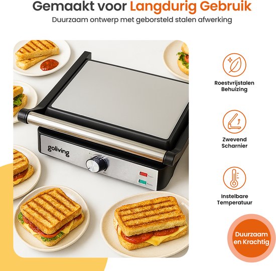 Goliving Toasti Machine XL - Gril à contact - Fer à Toasti - 29 x 23 cm - Gril à panini - Compact - Température réglable - Noir