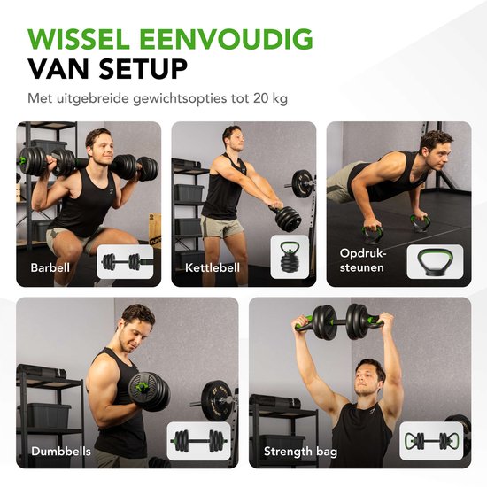 Ensemble d'haltères Tunturi et haltères Vinyl 20 kg - Ensemble d'haltères avec Kettlebell et Barbell - Supports de pompes - Fermeture à vis 30 mm - Poignée antidérapante